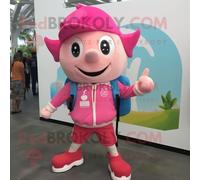 Personnage De Costume De Mascotte Redbrokoly D'acrobate Rose Habillé D'un Bermuda Et De Sacs À Dos Multicolore