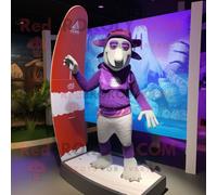 Personnage De Costume De Mascotte Redbrokoly D'acrobate Violet Habillé D'un Short De Bain Et De Montres Multicolore