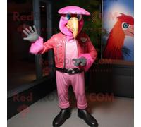 Personnage De Costume De Mascotte Redbrokoly D'ara Rose Habillé D'une Veste En Cuir Et D'épingles À Chapeau Multicolore