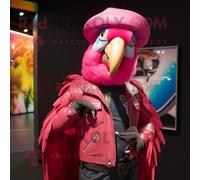 Personnage De Costume De Mascotte Redbrokoly D'ara Rose Habillé D'une Veste En Cuir Et D'épingles À Chapeau Multicolore