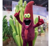 Personnage De Costume De Mascotte Redbrokoly D'asperge Marron Habillé D'un Jean Évasé Et De Gants Multicolore