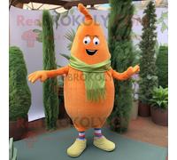Personnage De Costume De Mascotte Redbrokoly D'asperge Orange Habillé D'un Pantalon En Velours Côtelé Et D'écharpes Multicolore