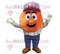 Personnage De Costume De Mascotte Redbrokoly D'aubergine De Pêche Vêtu D'une Chemise En Chambray Et De Bretelles Multicolore