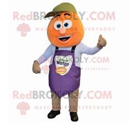 Personnage De Costume De Mascotte Redbrokoly D'aubergine De Pêche Vêtu D'une Chemise En Chambray Et De Bretelles Multicolore
