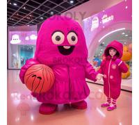 Personnage De Costume De Mascotte Redbrokoly De Ballon De Basket-Ball Magenta Habillé D'un Imperméable Et De Porte-Monnaie Multicolore