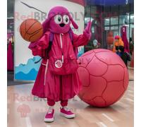Personnage De Costume De Mascotte Redbrokoly De Ballon De Basket-Ball Magenta Habillé D'un Imperméable Et De Porte-Monnaie Multicolore