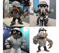 Personnage De Costume De Mascotte Redbrokoly De Bernard-L Ermite Gris Habillé Avec Une Veste De Motard Et Des Épingles À Chapeau Multicolore
