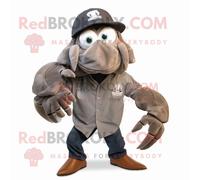 Personnage De Costume De Mascotte Redbrokoly De Bernard-L Ermite Gris Habillé Avec Une Veste De Motard Et Des Épingles À Chapeau Multicolore