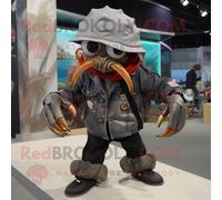 Personnage De Costume De Mascotte Redbrokoly De Bernard-L Ermite Gris Habillé Avec Une Veste De Motard Et Des Épingles À Chapeau Multicolore