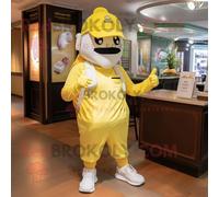 Personnage De Costume De Mascotte Redbrokoly De Boeuf Jaune Citron Stroganoff Habillé D'un Jogging Et D'épingles À Chapeau Multicolore
