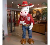 Personnage De Costume De Mascotte Redbrokoly De Boeuf Rouge Stroganoff Habillé D'un Jean Bootcut Et D'épingles À Cravate Multicolore