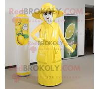 Personnage De Costume De Mascotte Redbrokoly De Canette De Soda Jaune Citron Habillé D'une Robe Fourreau Et D'épingles À Chapeau Multicolore