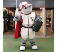 Personnage De Costume De Mascotte Redbrokoly De Chevalier Médiéval Blanc Habillé D'un Tee-Shirt De Baseball Et De Sacs À Main Multicolore