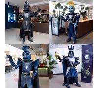 Personnage De Costume De Mascotte Redbrokoly De Chevalier Médiéval De La Marine Habillé Avec Une Robe De Cocktail Et Des Gants Multicolore