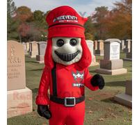 Personnage De Costume De Mascotte Redbrokoly De Cimetière Rouge Habillé D'un T-Shirt À Col En V Et De Bérets Multicolore