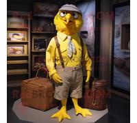Personnage De Costume De Mascotte Redbrokoly De Corbeau Jaune Habillé D'une Chemise Oxford Et De Sacs À Main Multicolore