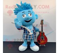 Personnage De Costume De Mascotte Redbrokoly De Cornemuse Bleu Ciel Habillé Avec Un Jean Évasé Et Des Pinces À Cheveux Multicolore