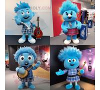 Personnage De Costume De Mascotte Redbrokoly De Cornemuse Bleu Ciel Habillé Avec Un Jean Évasé Et Des Pinces À Cheveux Multicolore