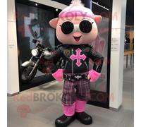 Personnage De Costume De Mascotte Redbrokoly De Croix Celtique Rose Habillé D'une Veste De Motard Et De Sacs À Dos Multicolore