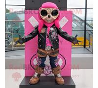 Personnage De Costume De Mascotte Redbrokoly De Croix Celtique Rose Habillé D'une Veste De Motard Et De Sacs À Dos Multicolore