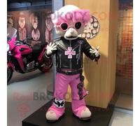 Personnage De Costume De Mascotte Redbrokoly De Croix Celtique Rose Habillé D'une Veste De Motard Et De Sacs À Dos Multicolore