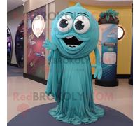 Personnage De Costume De Mascotte Redbrokoly De Cyclope Bleu Sarcelle Habillé D'une Robe De Soirée Et D'écharpes Multicolore