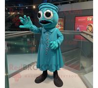 Personnage De Costume De Mascotte Redbrokoly De Cyclope Bleu Sarcelle Habillé D'une Robe Midi Et De Boutons De Manchette Multicolore