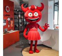 Personnage De Costume De Mascotte Redbrokoly De Diable Rouge Habillé D'une Jupe Crayon Et D'épingles À Cheveux Multicolore
