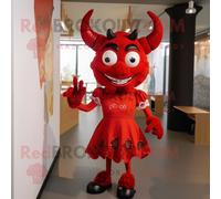 Personnage De Costume De Mascotte Redbrokoly De Diable Rouge Habillé D'une Jupe Crayon Et D'épingles À Cheveux Multicolore