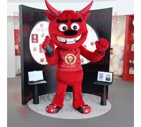 Personnage De Costume De Mascotte Redbrokoly De Diable Rouge Habillé D'une Veste Et De Portefeuilles Multicolore