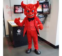 Personnage De Costume De Mascotte Redbrokoly De Diable Rouge Habillé D'une Veste Et De Portefeuilles Multicolore