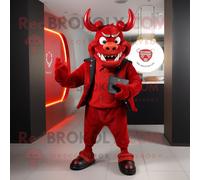 Personnage De Costume De Mascotte Redbrokoly De Diable Rouge Habillé D'une Veste Et De Portefeuilles Multicolore