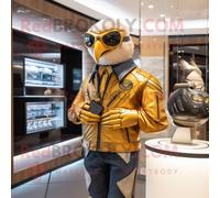 Personnage De Costume De Mascotte Redbrokoly De Faucon D'or Habillé D'une Veste De Motard Et De Porte-Monnaie Multicolore