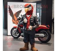 Personnage De Costume De Mascotte Redbrokoly De Faucon Rouge Habillé D'une Veste De Motard Et De Noeuds Papillon Multicolore