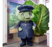 Personnage De Costume De Mascotte Redbrokoly De Feuille De Chou Bleu Marine Habillé D'un Pantalon Chino Et De Bérets Multicolore