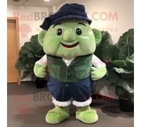 Personnage De Costume De Mascotte Redbrokoly De Feuille De Chou Bleu Marine Habillé D'un Pantalon En Velours Côtelé Et De Bretelles Multicolore