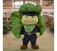 Personnage De Costume De Mascotte Redbrokoly De Feuille De Chou Bleu Marine Habillé D'un Pantalon En Velours Côtelé Et De Bretelles Multicolore
