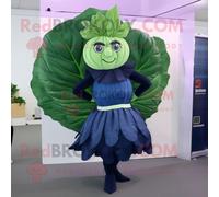 Personnage De Costume De Mascotte Redbrokoly De Feuille De Chou Bleu Marine Habillé D'une Robe De Cocktail Et De Pinces À Cheveux Multicolore