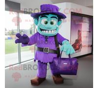 Personnage De Costume De Mascotte Redbrokoly De Frankenstein Violet Habillé D'un Pantalon Chino Et De Sacs À Main Multicolore