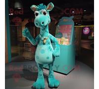 Personnage De Costume De Mascotte Redbrokoly De Girafe Bleu Sarcelle Habillé D'une Jupe Portefeuille Et De Coussinets Pour Les Pieds Multicolore