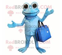 Personnage De Costume De Mascotte Redbrokoly De Grenouille Bleu Ciel Habillé D'une Combinaison Et De Sacs Fourre-Tout Multicolore