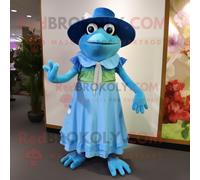 Personnage De Costume De Mascotte Redbrokoly De Grenouille Bleu Ciel Habillé D'une Robe Longue Et D'épingles À Chapeau Multicolore