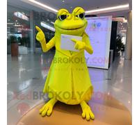 Personnage De Costume De Mascotte Redbrokoly De Grenouille Jaune Citron Habillé D'une Robe De Soirée Et De Portefeuilles Multicolore