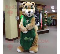 Personnage De Costume De Mascotte Redbrokoly De Lion De Montagne Vert Forêt Habillé Avec Une Jupe Et Des Clips D'écharpe Multicolore