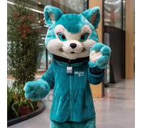 Personnage De Costume De Mascotte Redbrokoly De Lynx Bleu Sarcelle Habillé D'une Robe Portefeuille Et De Gants Multicolore