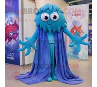 Personnage De Costume De Mascotte Redbrokoly De Méduse Bleue Habillé Avec Un Jean Et Des Châles De Petit Ami Multicolore