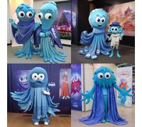 Personnage De Costume De Mascotte Redbrokoly De Méduse Bleue Habillé Avec Un Jean Et Des Châles De Petit Ami Multicolore