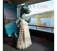 Personnage De Costume De Mascotte Redbrokoly De Monstre Du Loch Ness Habillé D'une Robe De Mariée Et De Bandeaux Multicolore