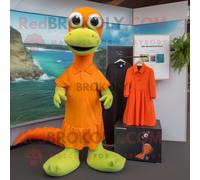 Personnage De Costume De Mascotte Redbrokoly De Monstre Du Loch Ness Orange Habillé D'une Robe Droite Et De Bandeaux Multicolore
