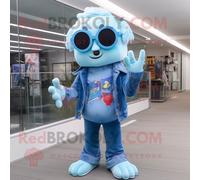 Personnage De Costume De Mascotte Redbrokoly De Mort-Vivant Bleu Ciel Habillé D'un Jean Flare Et De Lunettes De Lecture Multicolore